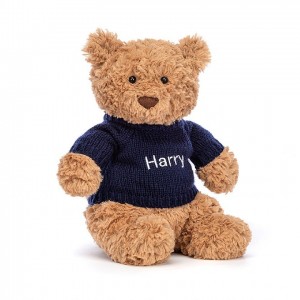 MEDIUM Jellycat Bartholomew Bear with Personalised Navy Jumper 28 CM X 12 CM | PQ5261873
