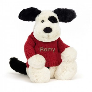 MEDIUM Jellycat Bashful Black & Cream Puppy with Personalised Red Jumper 31 CM X 12 CM | EY2916048