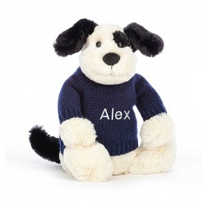 MEDIUM Jellycat Bashful Black & Cream Puppy with Personalised Navy Jumper 31 CM X 12 CM | IR7924058