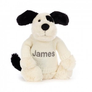 MEDIUM Jellycat Bashful Black & Cream Puppy with Personalised Cream Jumper 31 CM X 12 CM | AJ2317845