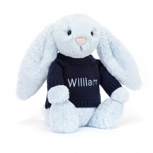 MEDIUM Jellycat Bashful Blue Bunny with Personalised Navy Jumper 31 CM X 12 CM | FB3271059