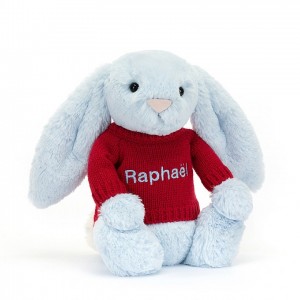 MEDIUM Jellycat Bashful Blue Bunny with Personalised Red Jumper 31 CM X 12 CM | RQ2685701