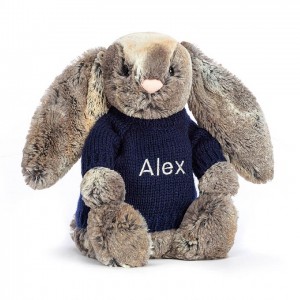 MEDIUM Jellycat Bashful Cottontail Bunny with Personalised Navy Jumper 31 CM X 12 CM | SB2541397