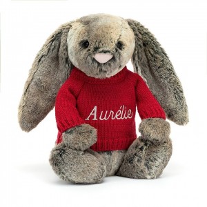 MEDIUM Jellycat Bashful Cottontail Bunny with Personalised Red Jumper 31 CM X 12 CM | KH9845076