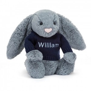 MEDIUM Jellycat Bashful Dusky Blue Bunny with Personalised Navy Jumper 31 CM X 12 CM | LN1597248