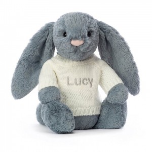 MEDIUM Jellycat Bashful Dusky Blue Bunny with Personalised Cream Jumper 31 CM X 12 CM | BE7186240