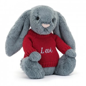 MEDIUM Jellycat Bashful Dusky Blue Bunny with Personalised Red Jumper 31 CM X 12 CM | MJ8950246