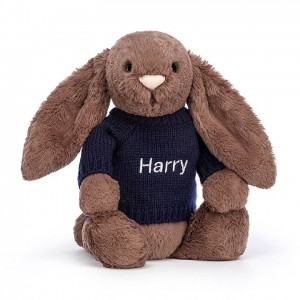MEDIUM Jellycat Bashful Fudge Bunny with Personalised Navy Jumper 31 CM X 12 CM | HE0865413