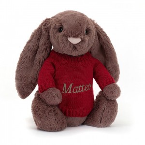 MEDIUM Jellycat Bashful Fudge Bunny with Personalised Red Jumper 31 CM X 12 CM | IQ8794150