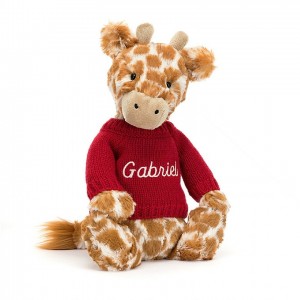 MEDIUM Jellycat Bashful Giraffe with Personalised Red Jumper 31 CM X 12 CM | KN7316284