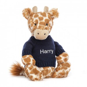 MEDIUM Jellycat Bashful Giraffe with Personalised Navy Jumper 31 CM X 12 CM | QA5769124