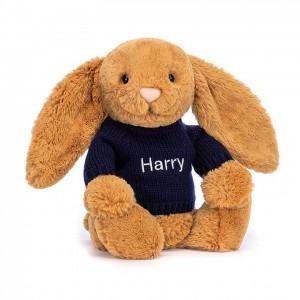 MEDIUM Jellycat Bashful Golden Bunny with Personalised Navy Jumper 31 CM X 12 CM | GC5467138