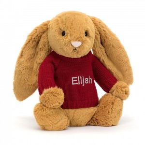 MEDIUM Jellycat Bashful Golden Bunny with Personalised Red Jumper 31 CM X 12 CM | RP8792135