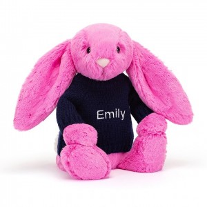 MEDIUM Jellycat Bashful Hot Pink Bunny with Personalised Navy Jumper 31 CM X 12 CM | GP6198320