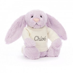 MEDIUM Jellycat Bashful Lilac Bunny with Personalised Cream Jumper 31 CM X 12 CM | SA8536290