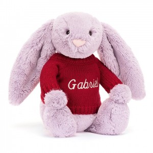 MEDIUM Jellycat Bashful Lilac Bunny with Personalised Red Jumper 31 CM X 12 CM | HW3920458