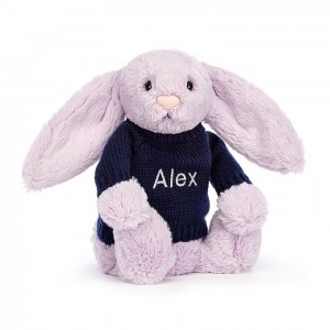 MEDIUM Jellycat Bashful Lilac Bunny with Personalised Navy Jumper 31 CM X 12 CM | NM3567298