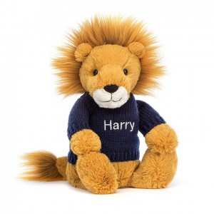 MEDIUM Jellycat Bashful Lion with Personalised Navy Jumper 31 CM X 12 CM | OR9528041