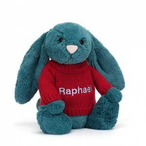 MEDIUM Jellycat Bashful Mineral Blue Bunny with Personalised Red Jumper 31 CM X 12 CM | LS5612048