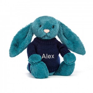 MEDIUM Jellycat Bashful Mineral Blue Bunny with Personalised Navy Jumper 31 CM X 12 CM | WM6819207