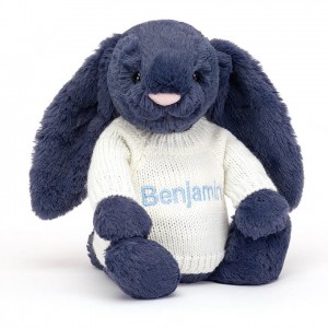 MEDIUM Jellycat Bashful Navy Bunny with Personalised Cream Jumper 31 CM X 12 CM | UJ8067314