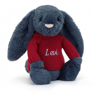 MEDIUM Jellycat Bashful Navy Bunny with Personalised Red Jumper 31 CM X 12 CM | QB5429816