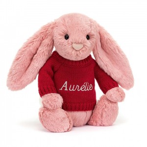 MEDIUM Jellycat Bashful Petal Bunny with Personalised Red Jumper 31 CM X 12 CM | ZN7490821