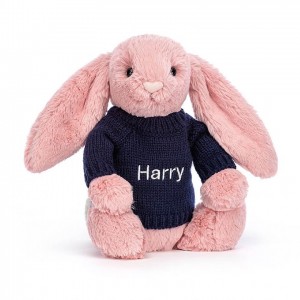 MEDIUM Jellycat Bashful Petal Bunny with Personalised Navy Jumper 31 CM X 12 CM | DZ1905238