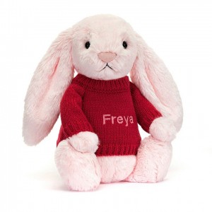 MEDIUM Jellycat Bashful Pink Bunny with Personalised Red Jumper 31 CM X 12 CM | KO6825071