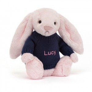 MEDIUM Jellycat Bashful Pink Bunny with Personalised Navy Jumper 31 CM X 12 CM | GT2801639
