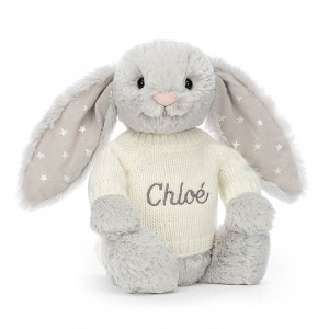 MEDIUM Jellycat Bashful Shimmer Bunny with Personalised Cream Jumper 31 CM X 12 CM | TC1483560