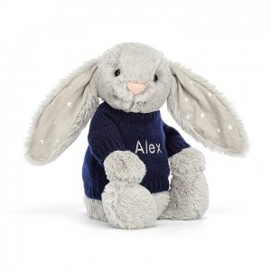 MEDIUM Jellycat Bashful Shimmer Bunny with Personalised Navy Jumper 31 CM X 12 CM | UY1260437