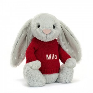 MEDIUM Jellycat Bashful Shimmer Bunny with Personalised Red Jumper 31 CM X 12 CM | KG2467391
