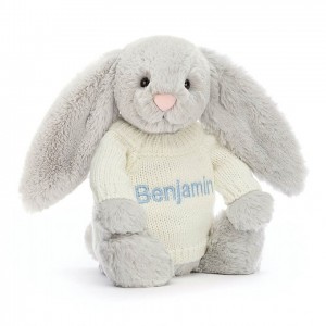 MEDIUM Jellycat Bashful Silver Bunny with Personalised Cream Jumper 31 CM X 12 CM | WN0764258