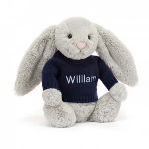 MEDIUM Jellycat Bashful Silver Bunny with Personalised Navy Jumper 31 CM X 12 CM | NW9612048