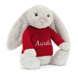 MEDIUM Jellycat Bashful Silver Bunny with Personalised Red Jumper 31 CM X 12 CM | KX9750621