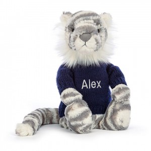 MEDIUM Jellycat Bashful Snow Tiger with Personalised Navy Jumper 31 CM X 12 CM | BK8591427