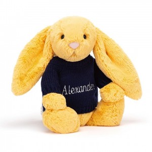 MEDIUM Jellycat Bashful Sunshine Bunny with Personalised Navy Jumper 31 CM X 12 CM | KA7359082