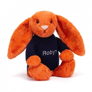 MEDIUM Jellycat Bashful Tangerine Bunny with Personalised Navy Jumper 31 CM X 12 CM | RN5872019