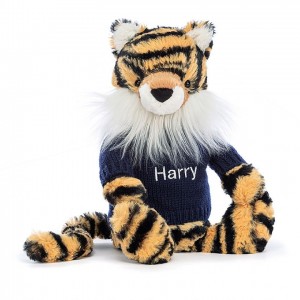 MEDIUM Jellycat Bashful Tiger with Personalised Navy Jumper 31 CM X 12 CM | WN1728649