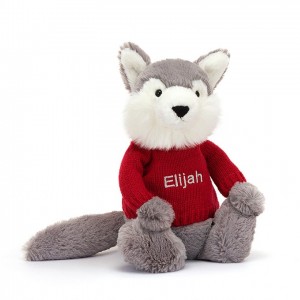 MEDIUM Jellycat Bashful Wolf with Personalised Red Jumper 31 CM X 12 CM | TD3145809