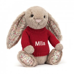 MEDIUM Jellycat Blossom Bea Beige Bunny with Personalised Red Jumper 31 CM X 12 CM | VX4081372