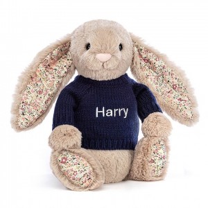 MEDIUM Jellycat Blossom Bea Beige Bunny with Personalised Navy Jumper 31 CM X 12 CM | WA6094278