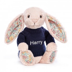 MEDIUM Jellycat Blossom Blush Bunny with Personalised Navy Jumper 31 CM X 12 CM | HB1732658