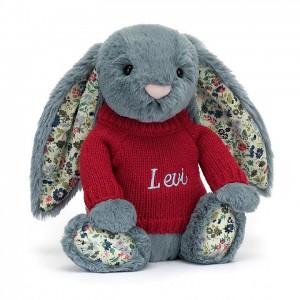 MEDIUM Jellycat Blossom Dusky Blue Bunny with Personalised Red Jumper 31 CM X 12 CM | IK0182745
