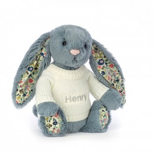 MEDIUM Jellycat Blossom Dusky Blue with Personalised Cream Jumper 31 CM X 12 CM | GY1459638