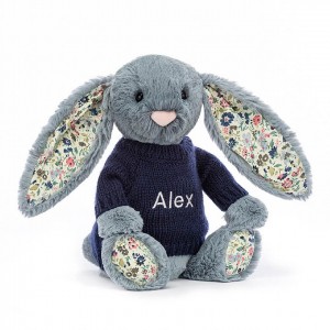 MEDIUM Jellycat Blossom Dusky Blue with Personalised Navy Jumper 31 CM X 12 CM | ZJ0867942