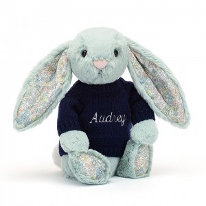 MEDIUM Jellycat Blossom Sage Bunny with Personalised Navy Jumper 31 CM X 12 CM | JE6012784