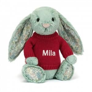 MEDIUM Jellycat Blossom Sage Bunny with Personalised Red Jumper 31 CM X 12 CM | OM5104782